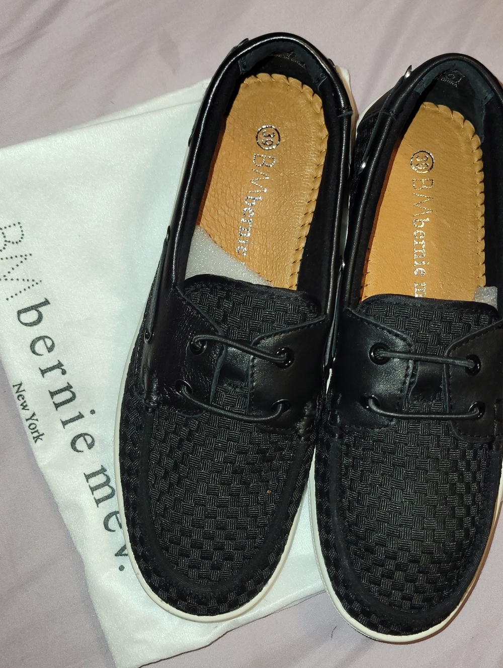 bernie mev. Black Woven Leather Like-Trim Loafers